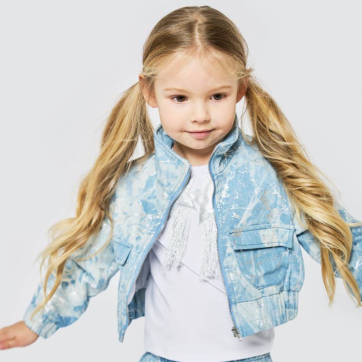 METALLIC PRINT DENIM BOMBER JACKET WITH SEQUIN STAR BACK for wholesale by Hannah Banana , Baby Sara