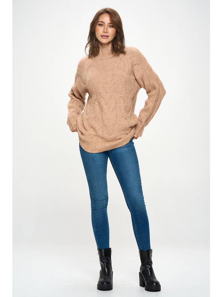 Taupe Turtleneck Long Sleeve Sweater with Braid Detail for wholesale on Faire