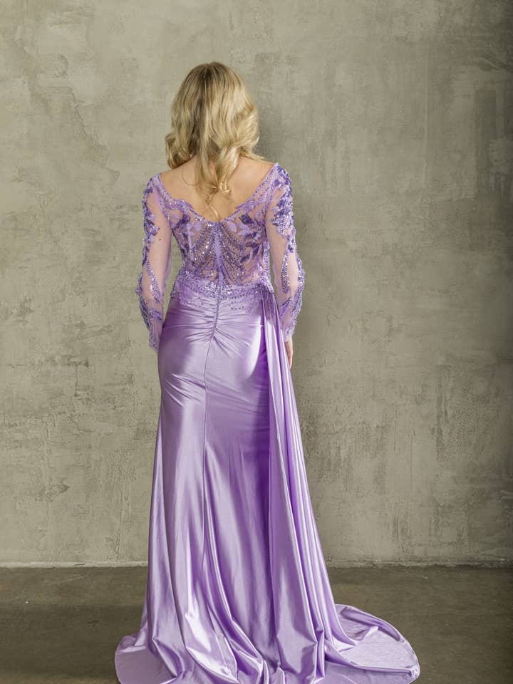 La Veneto - Wholesale Dress - Women's - V-neckline, gathered side waistline, leg slit & draping sash8