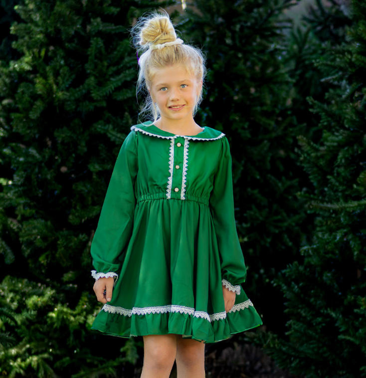 Sugar Bee Clothing – wholesale Dress – Kids – Madeline Lace Peter Pan Dress - Emerald0