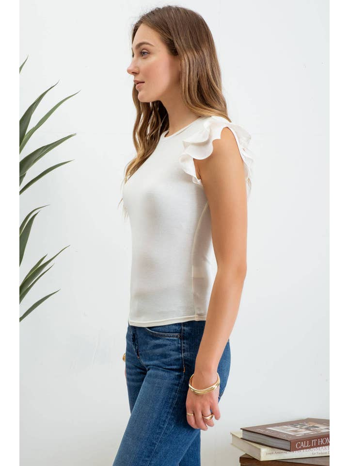MINE - Wholesale Knit Top - Women's - SOLID RUFFLE FLUTTER SLEEVE KNIT TOP