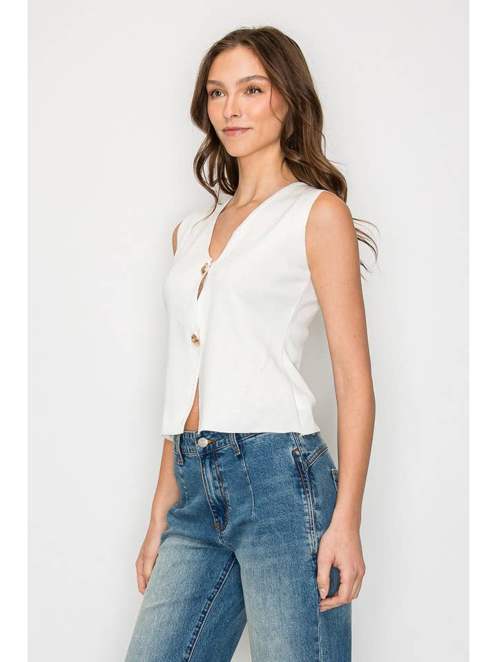 IVORY FINE KNIT BUTTONED SLEEVELESS TOP W1557TIA for wholesale on Faire4