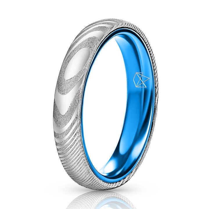 Wood Grain Damascus Steel Ring - Resilient Blue - 4MM for wholesale by EMBR