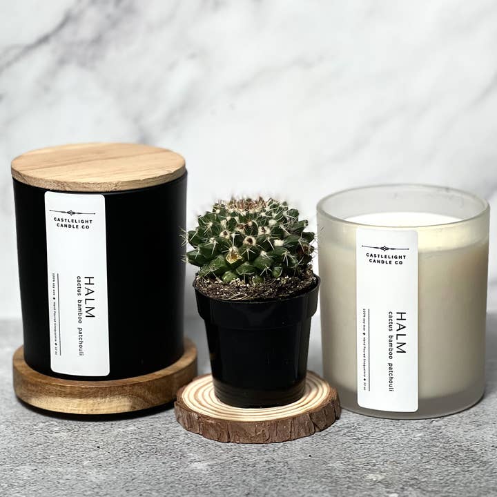 Halm: Patchouli + Bamboo + Bergamot Soy 12 oz Candle for wholesale by Castlelight Candle Co