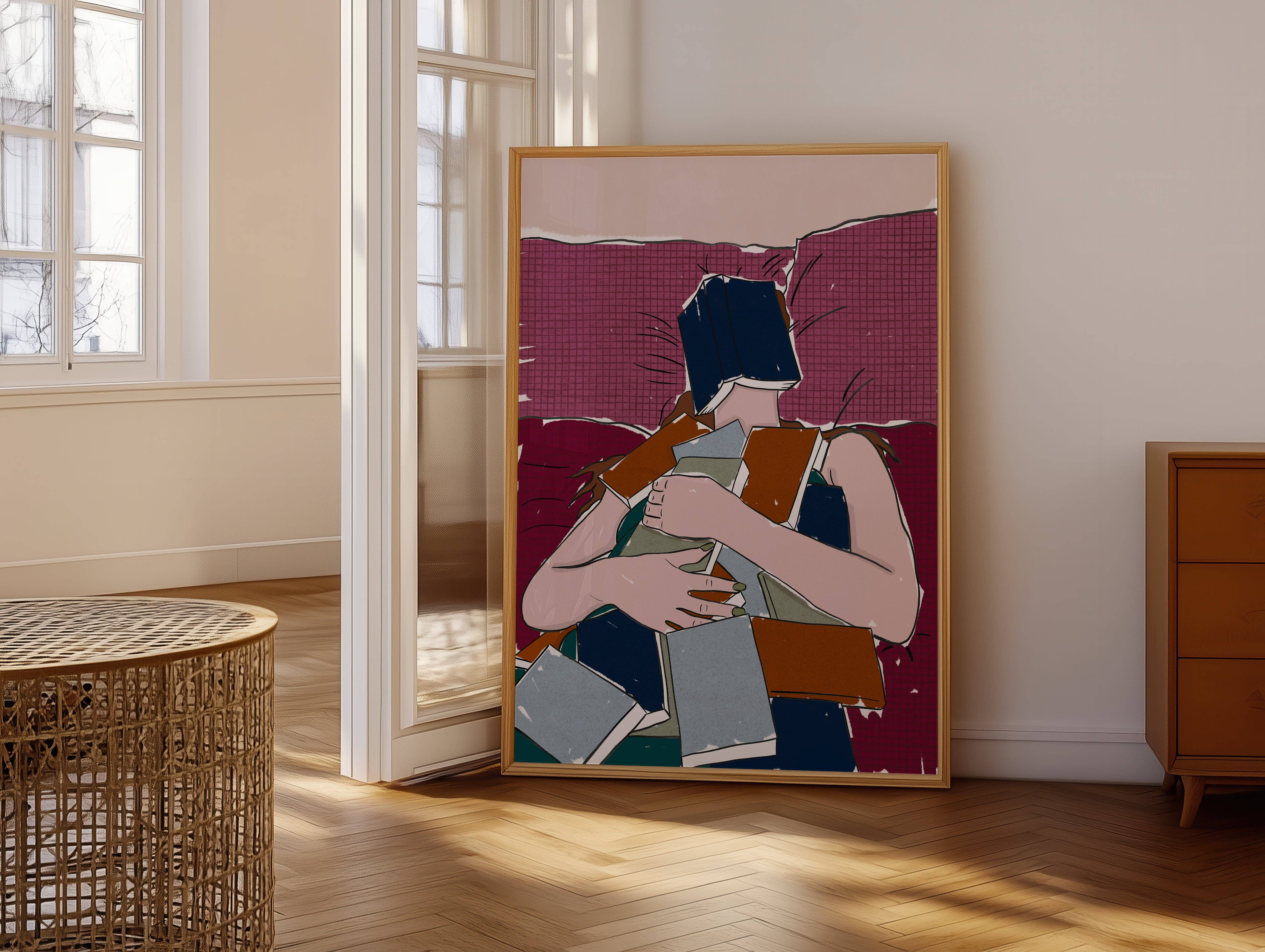 Pink Giraffe Print Co - Wholesale Art Print - Girl laying in bed covered in books print4