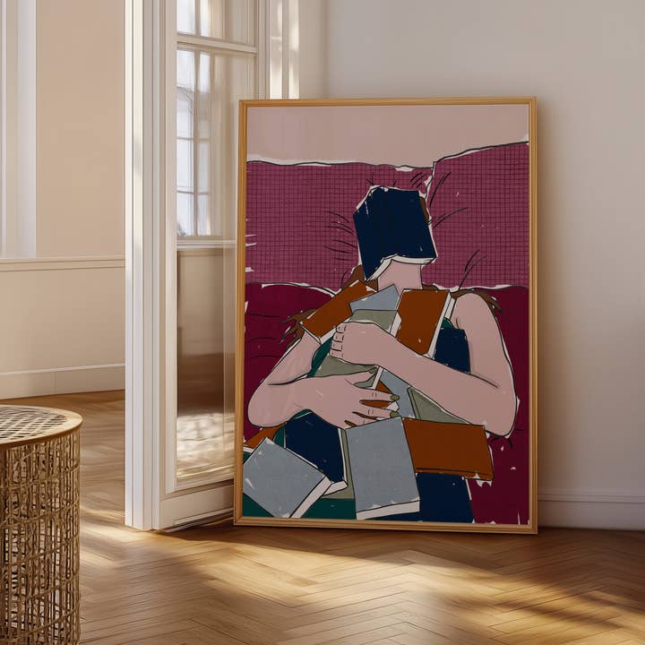 Pink Giraffe Print Co - Wholesale Art Print - Girl laying in bed covered in books print4