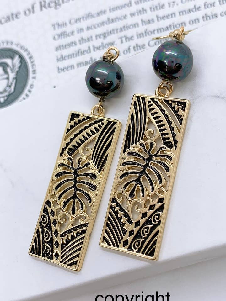 Monstera Leaf Black Enamel : Hamilton Gold Earring with Shel for wholesale by Anela's Jewelry