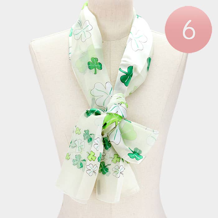 6PCS - Silk Feel Satin Striped Clover Print scarf for wholesale by Sensibling Corp.