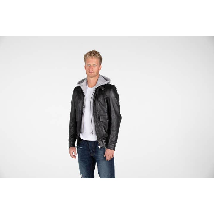 Fadcloset - Wholesale Leather Jacket - Men's - Men Lambskin Hooded Leather Bomber Jacket