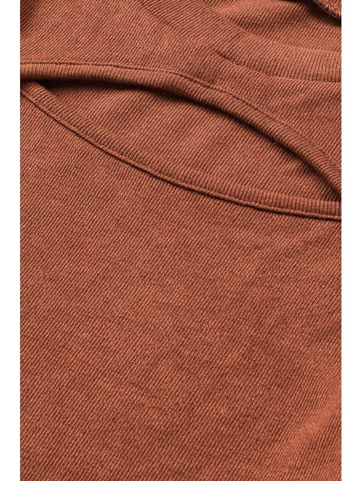 Brown Ribbed Peekaboo Cutout Long Sleeve Top for wholesale on Faire6