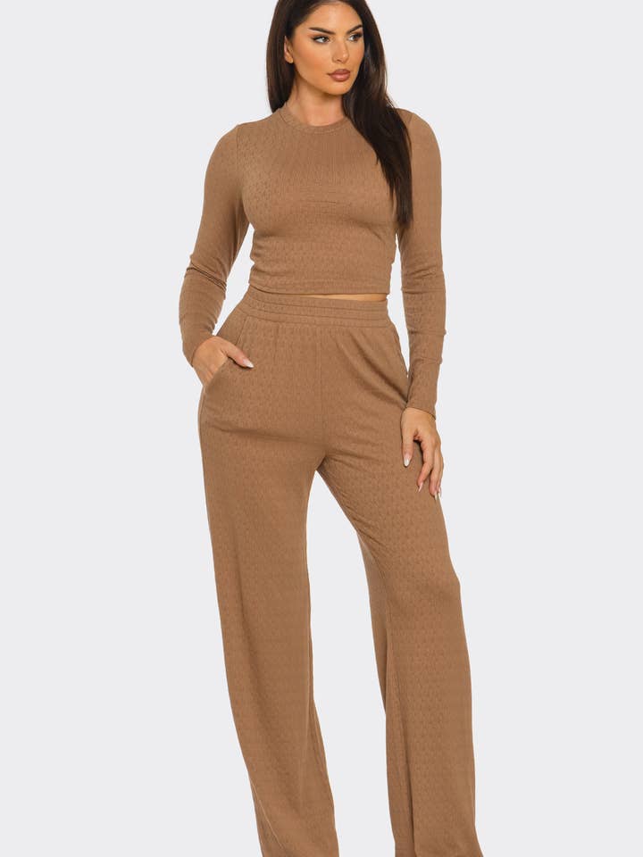 Julia by LoveJ - Wholesale Top & Pant Set (NOT Loungewear) - Women's - Texture Solid Long Sleeve Crop Top And Pants Set 1