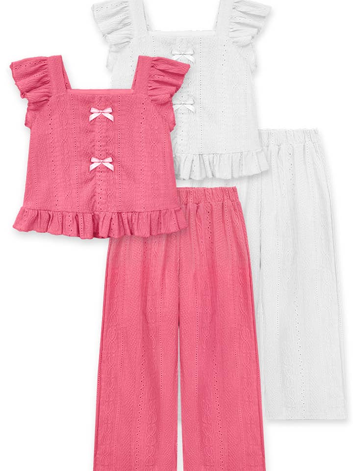 TKSS-Q26-38033T Toddler's 2 pc Eyelet Bow & Ruffles Pant Set for wholesale by Cutie Patootie Clothing