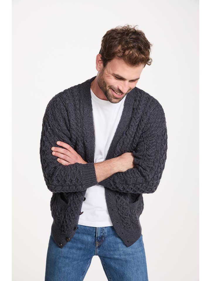 Aran Woollen Mills – wholesale Cardigan – Men's – Clare Island Mens Aran Cardigan - Charcoal1