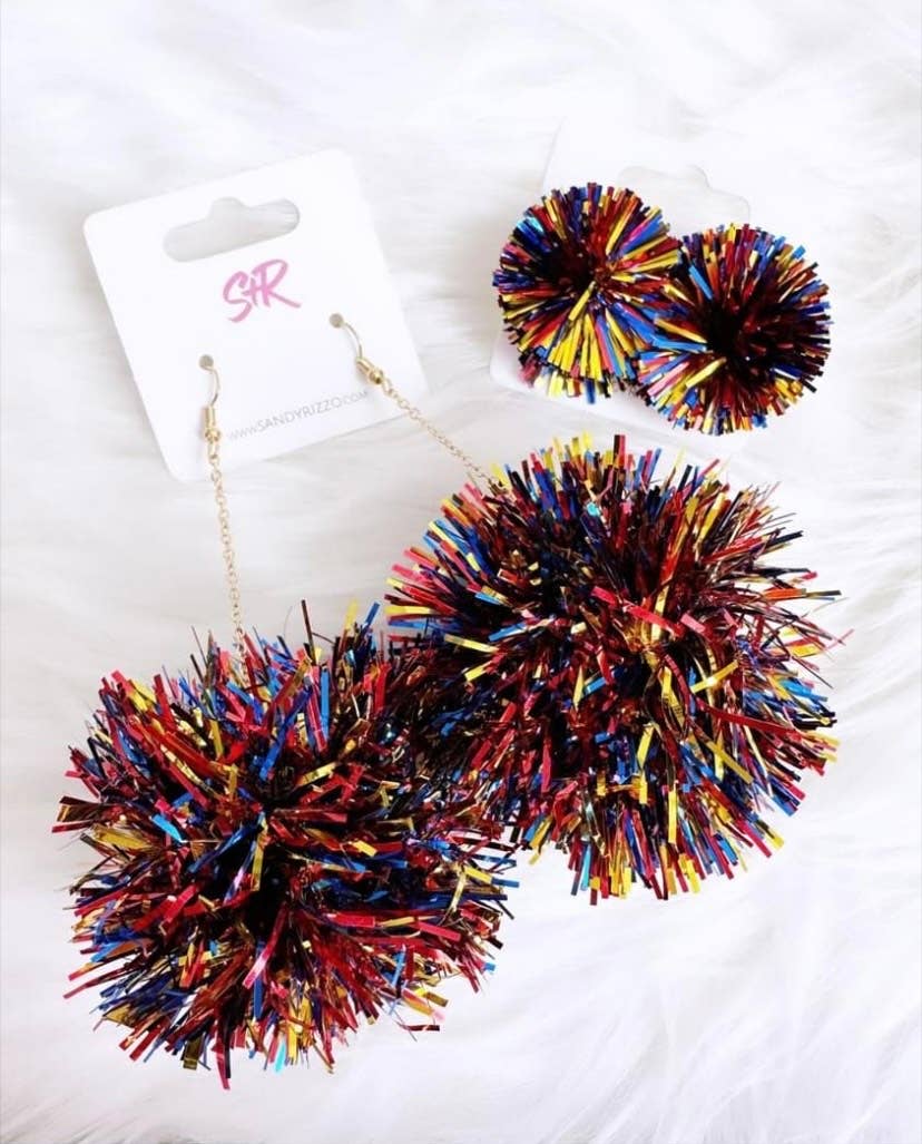 Sandy + Rizzo - Wholesale Dangle Earrings - Red, Gold, and Blue Tinsel Pom Dangles1