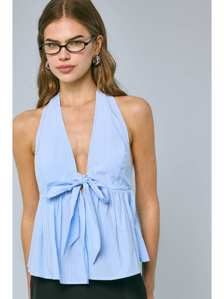 Sky to Moon - Wholesale Tank Top - Women's - STRIPE PRINT HALTER FRONT TIE OPEN BACK RUFFLE TOP