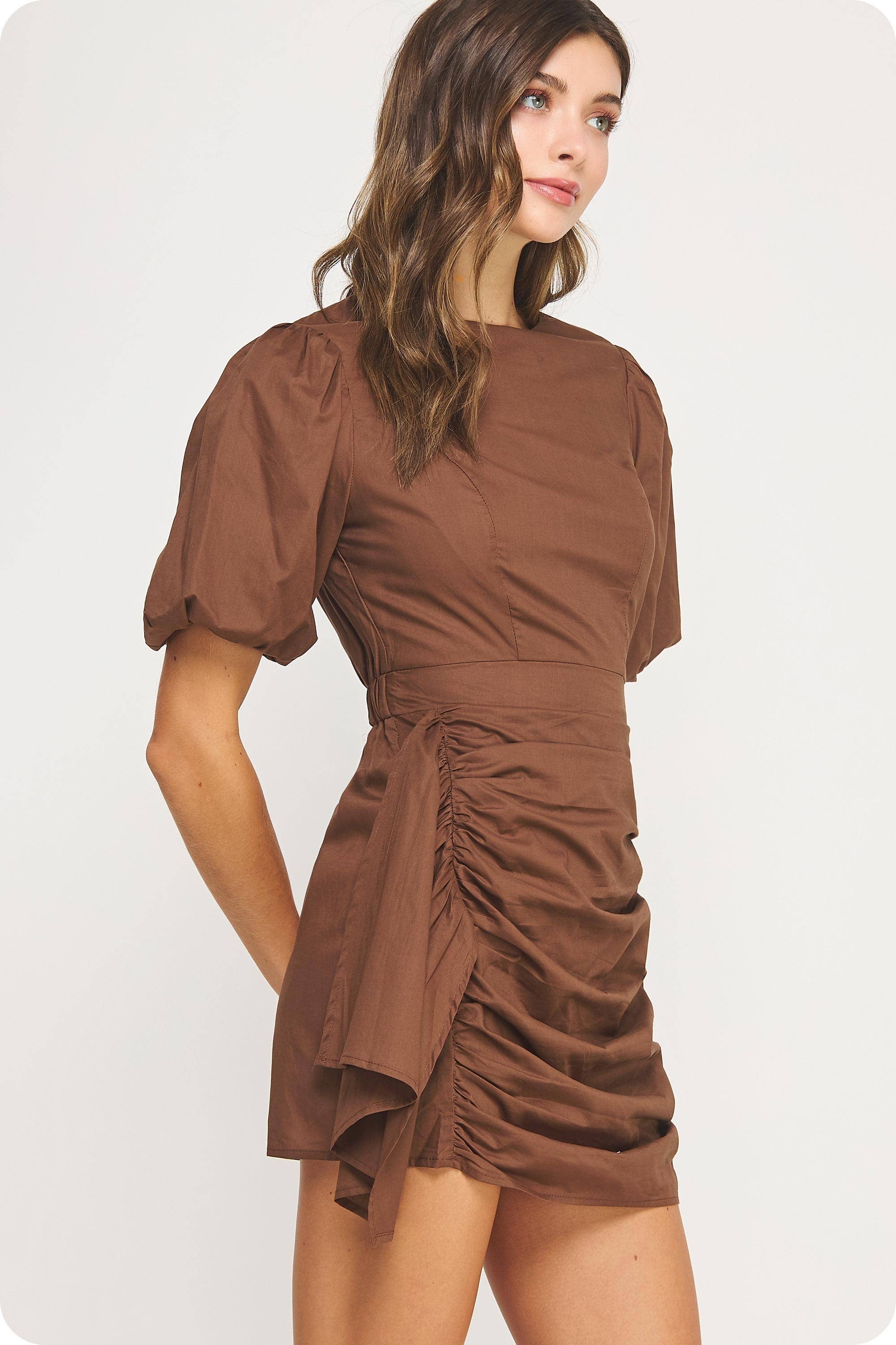 Strut & Bolt - Wholesale Dress - Women's - Ruched Short Puff Sleeve Voile Mini Dress55