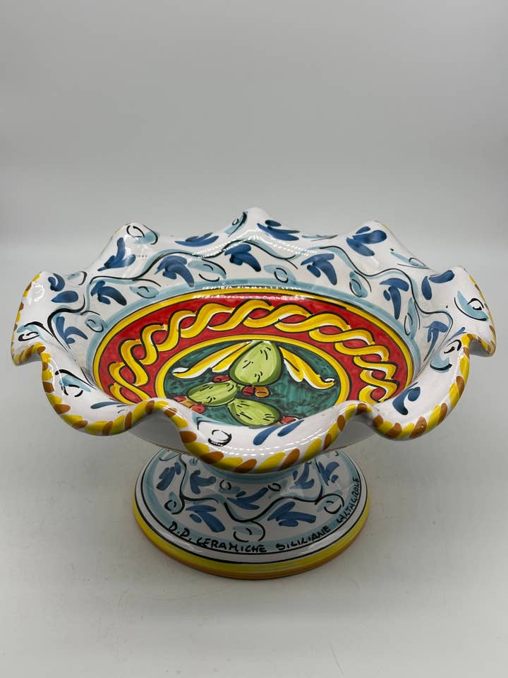 Frutero con alzada centro de mesa de cerámica de Caltagirone, diámetro 30 cm, artesanal, decorado 3r para venta al por mayor de DD Ceramiche Siciliane
