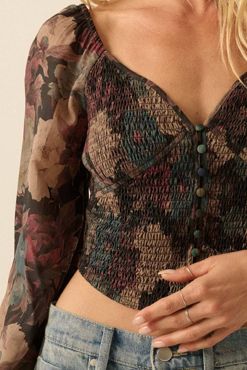 Promesa USA - Wholesale Blouse - Women's - Floral-Print Smocked Sweetheart Corset Peasant Top7