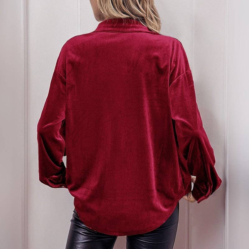 Sheer Trend – wholesale Buttoned-down shirt – Women's – Solid Velvet Shirt With Puff Sleeves3