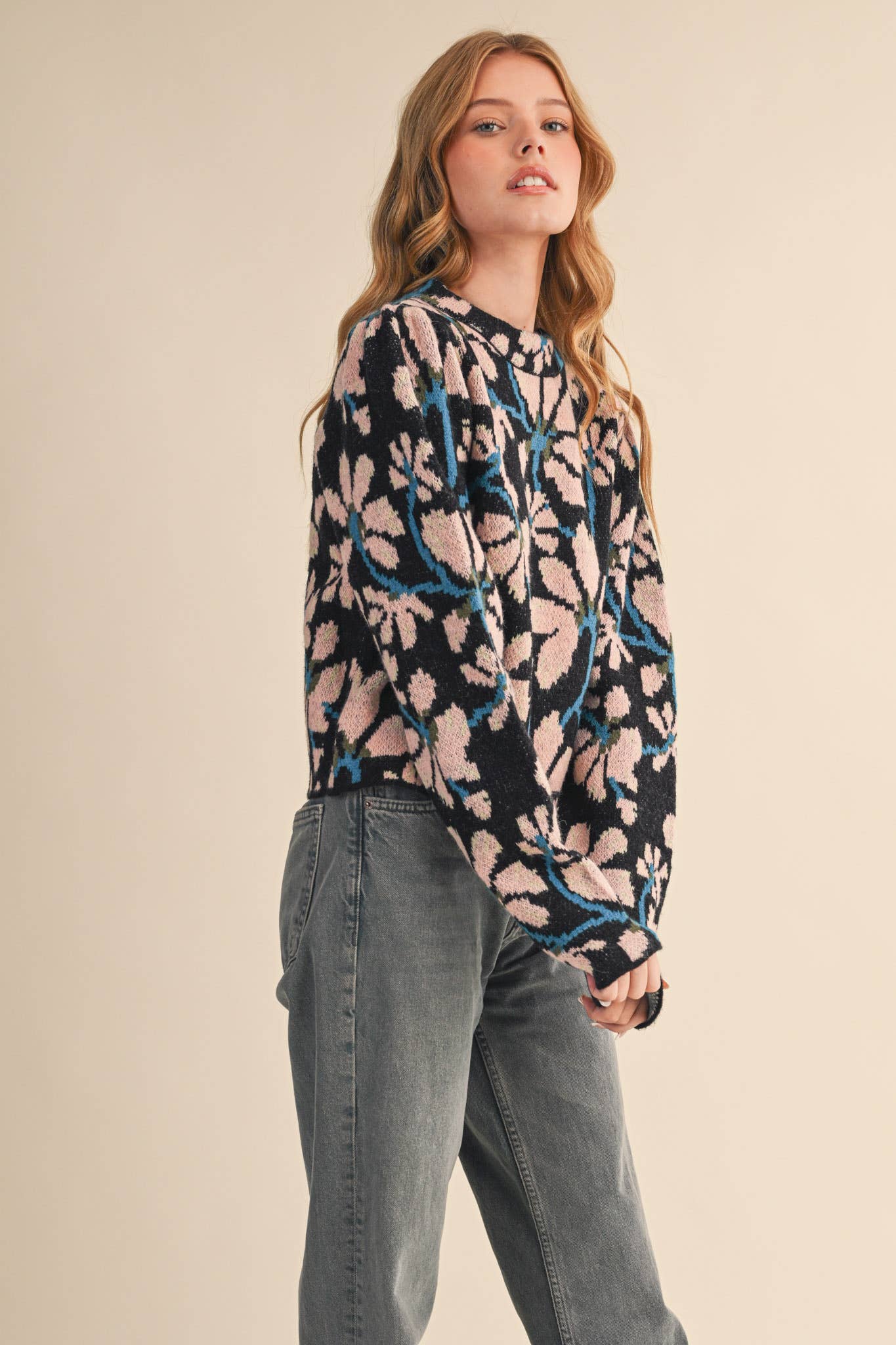 &MERCI - Wholesale Knit Sweater - Women's - FLORAL MOCK NECK SWEATER MSW1110117