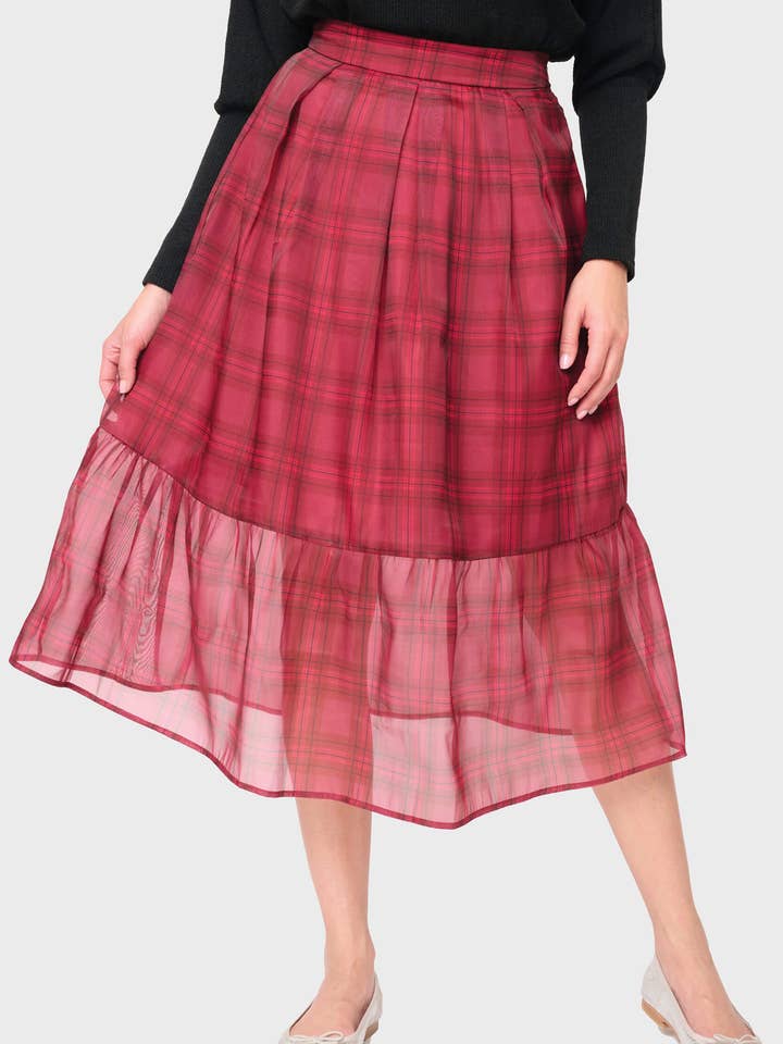 Jupe longue festive à carreaux en organza à plusieurs niveaux pour la vente par Gibsonlook