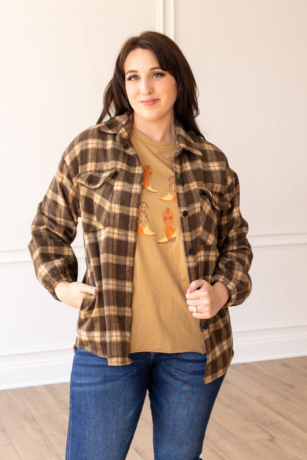 Brown Morning Coffee Oversized Shacket for wholesale on Faire