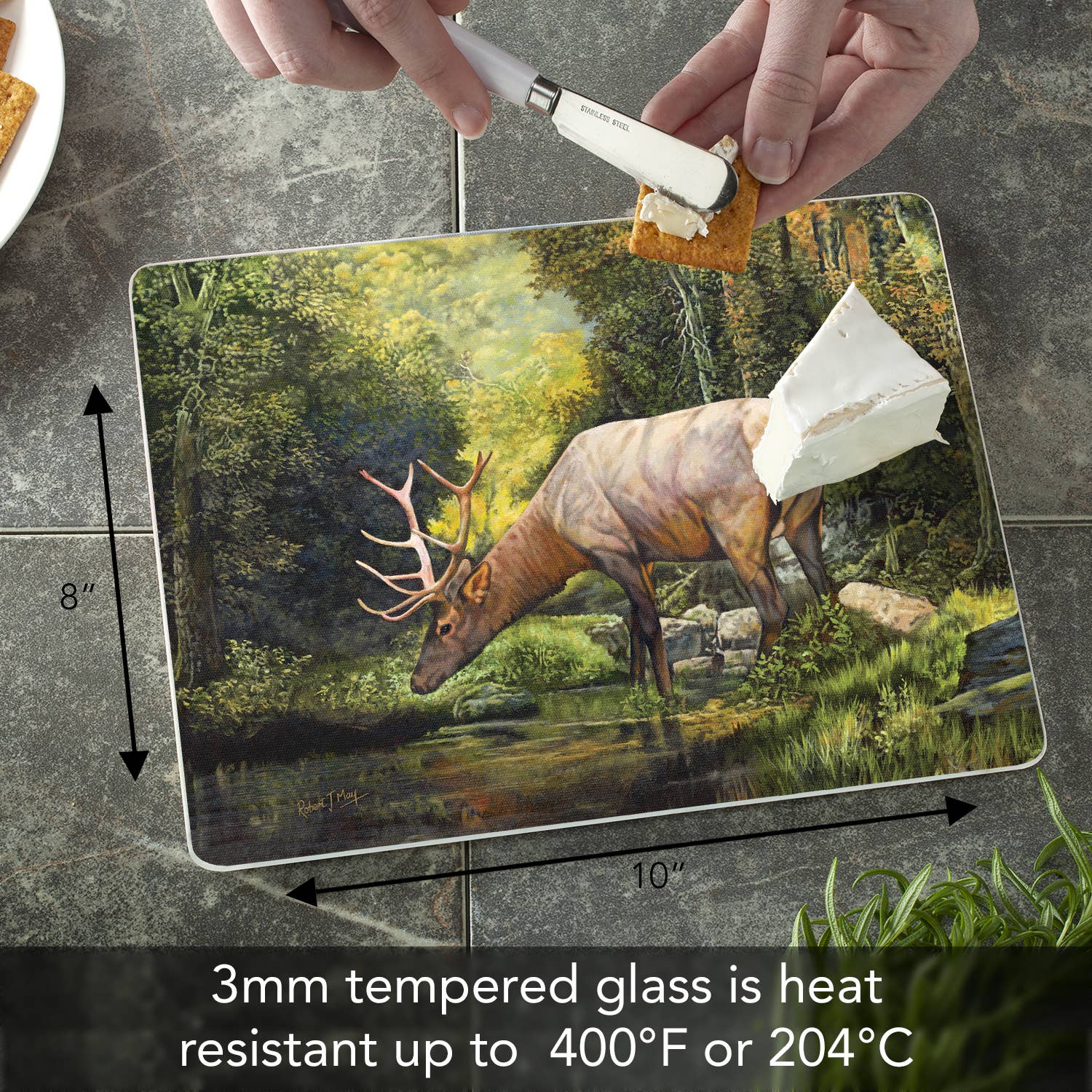 CounterArt/Highland Home/Thirstystone/CoasterStone – wholesale Cutting board – "Tranquil Elk" 3mm Heat Tolerant Glass Cutting Board 10" x 83