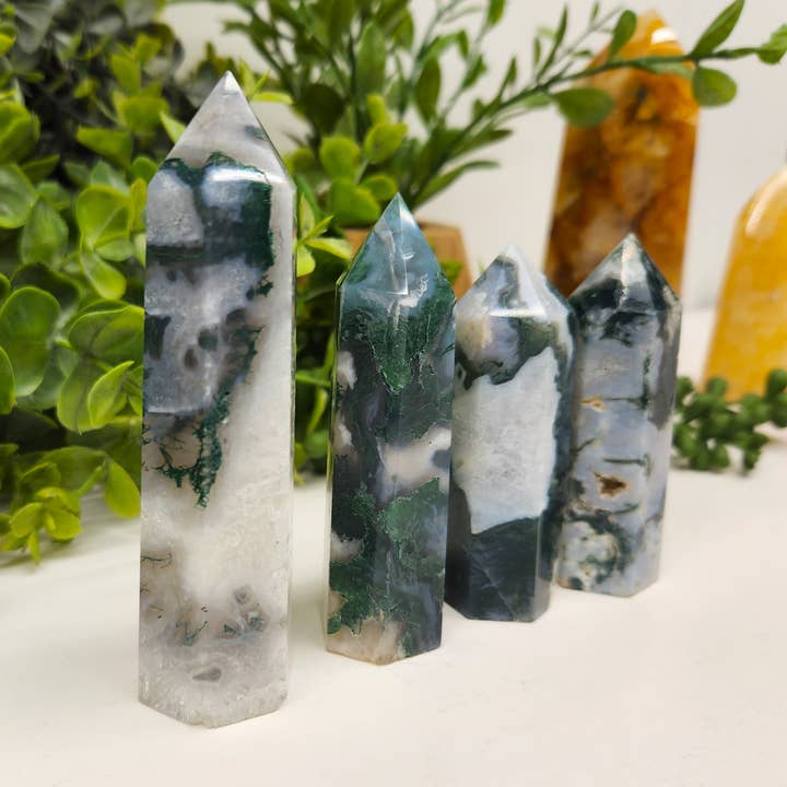 Meraki Gemstones - Wholesale Spiritual Stone/Crystal - Moss Agate Gemstone 6-Sided Towers (Sold by 0.5kg)
