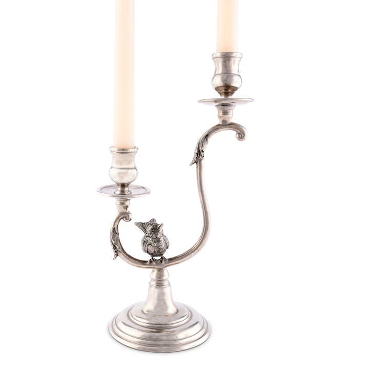 Two Taper Pewter Song Bird Candelabra for wholesale by Vagabond House