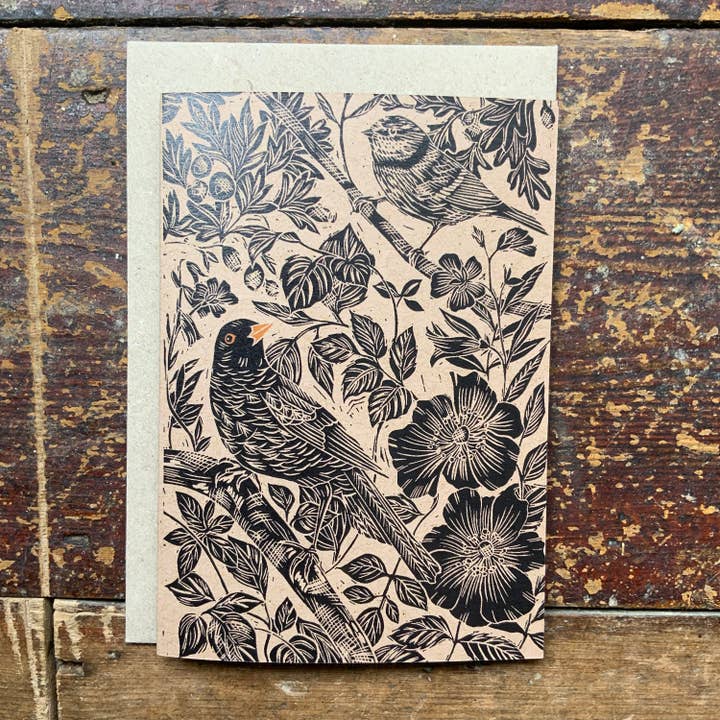 Vivienne Keable - Wholesale Birthday Card - Linocut Print - Blackbird - Greeting Card - Bird - Birthday Card - Nature Card - Hand Printed- Digital Print - Art Card1