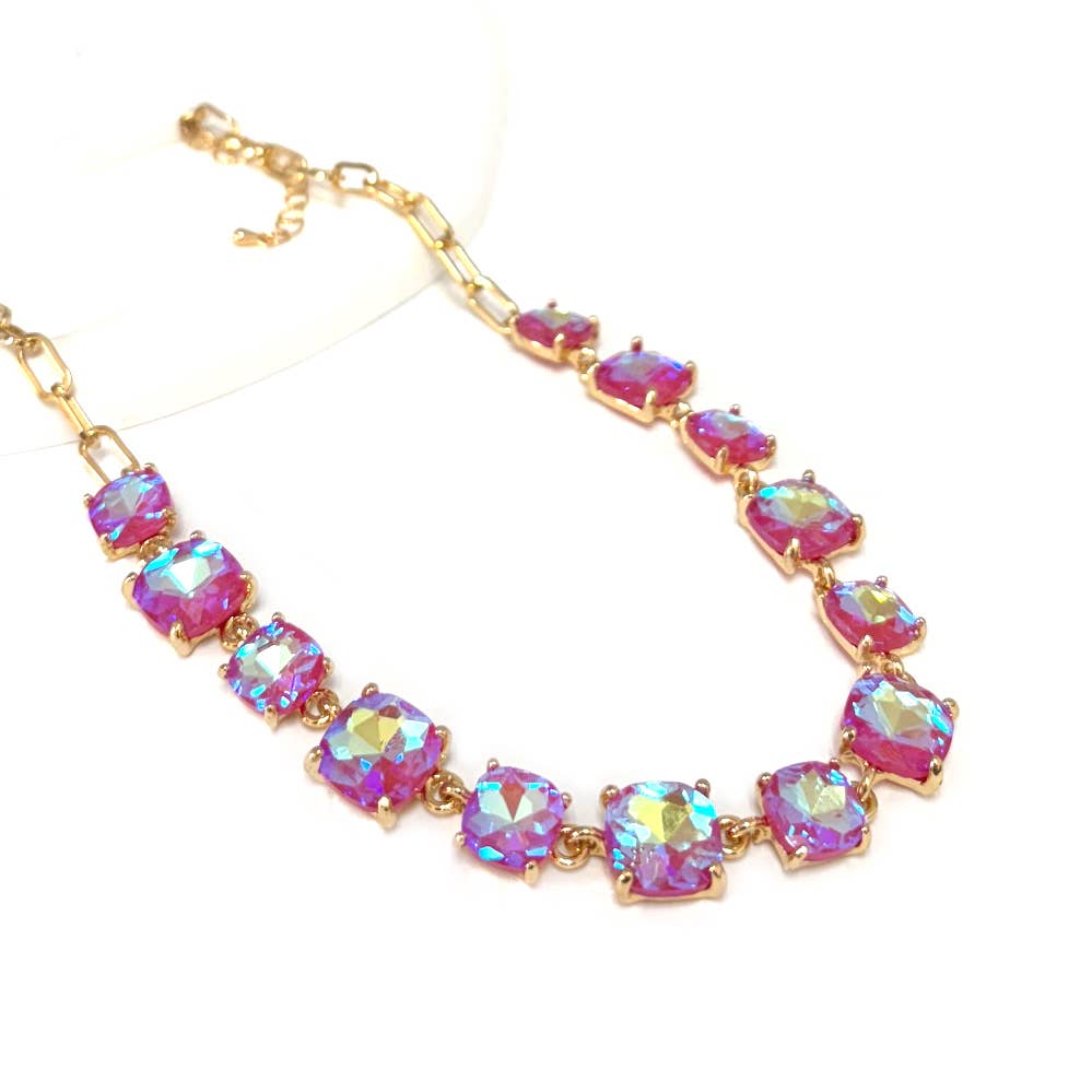 StarryNYC - Vente Collier maille et chaîne - Collier à chaîne à maillons en cristal carré en verre taillé en coussin11