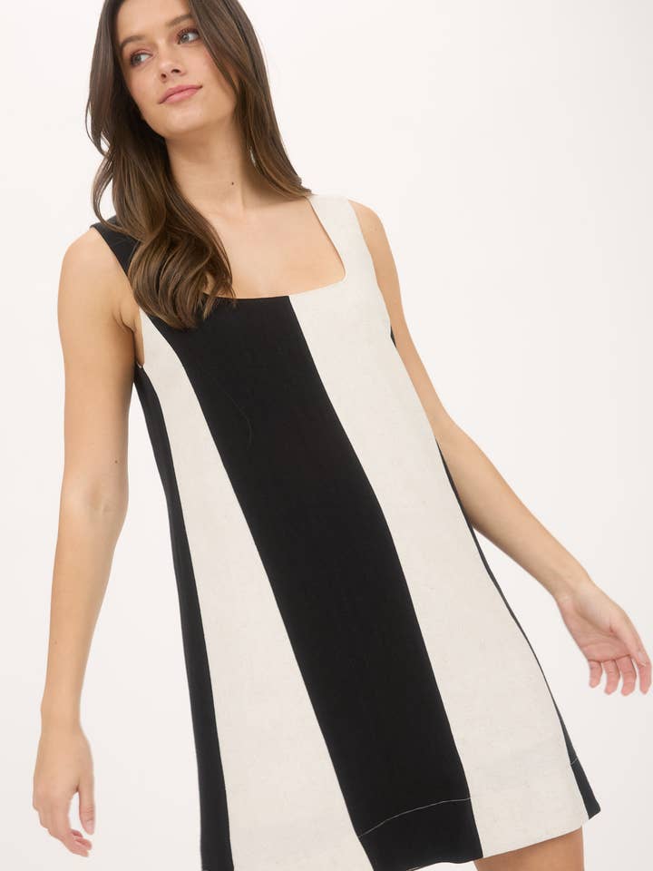 Blu Pepper - Wholesale Dress - Women's - WIDE STRIPE SLEEVELESS LINEN MINI DRESS