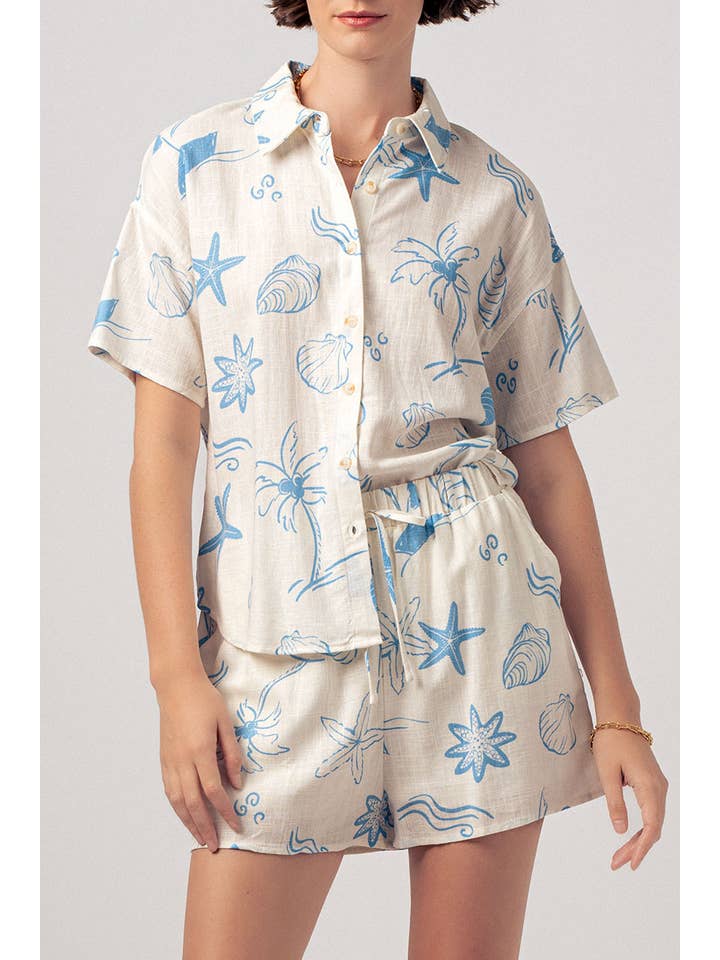 Urban Daizy - Wholesale Lounge Set - Women's - Coastal Print Camp Collar Shirt and Shorts Set