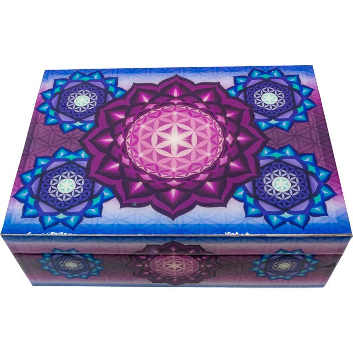 Caja de madera estampada con forro de terciopelo, Flower of Life (cada una) para venta al por mayor de Kheops International