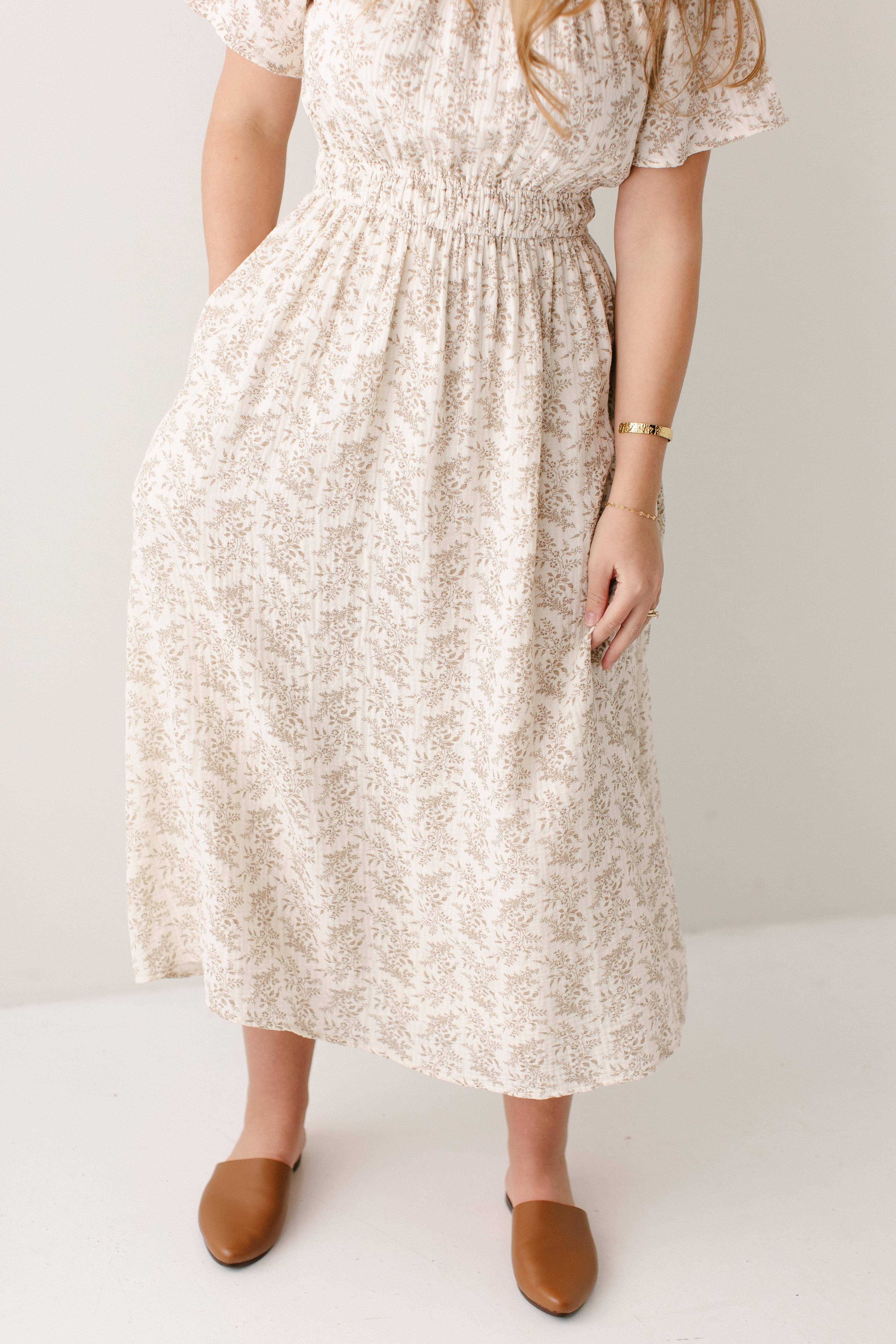 Ivory 'Cynthia' Botanical Print Cotton Gauze Midi Dress for wholesale on Faire4