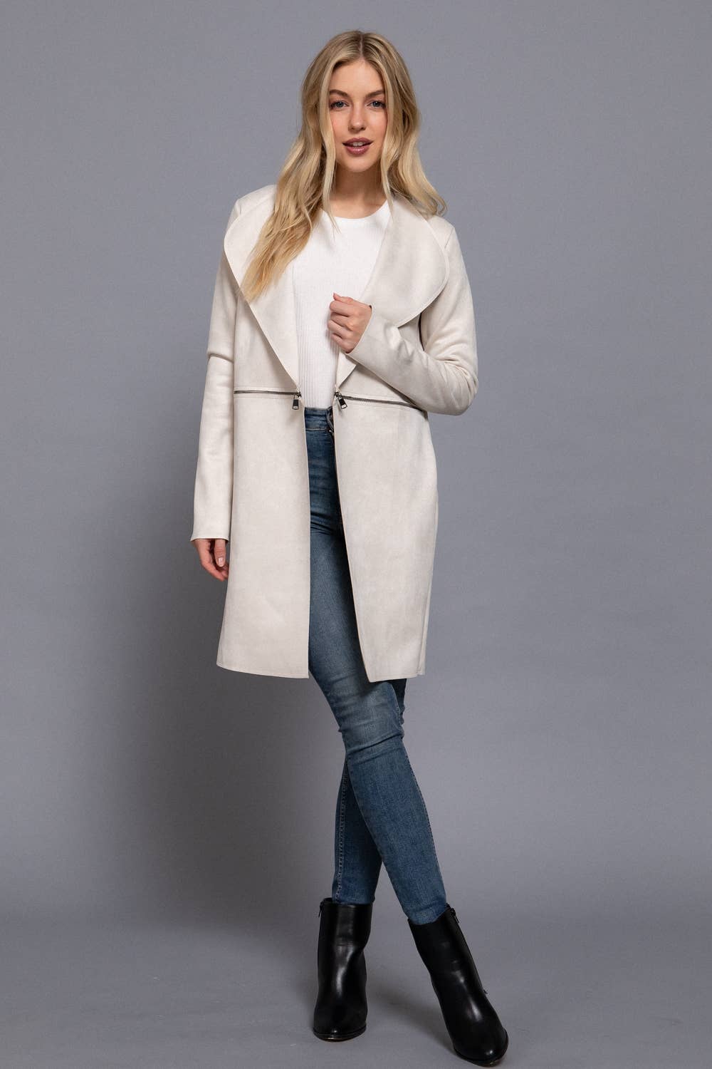 Active Basic | Active USA - Wholesale Jacket - Women's - Long Sleeve Front Two Zipper Detail Faux Suede Long Jacket19