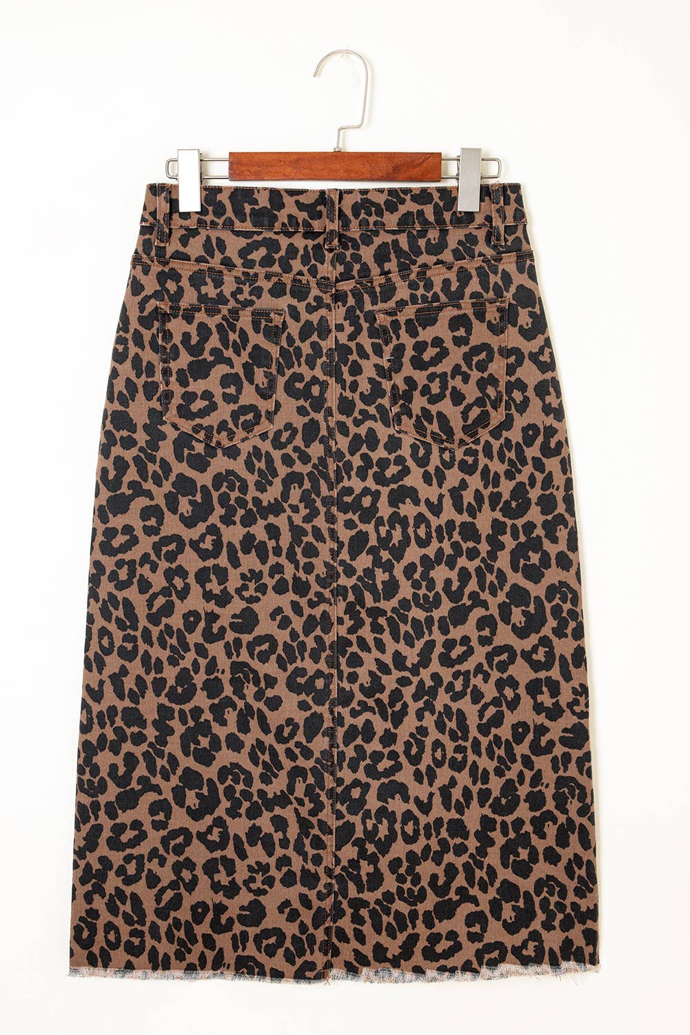 FULL TIME PURCHASE - Wholesale Skirt - Women's - Leopard Denim Frayed Split Denim Midi Skirt7