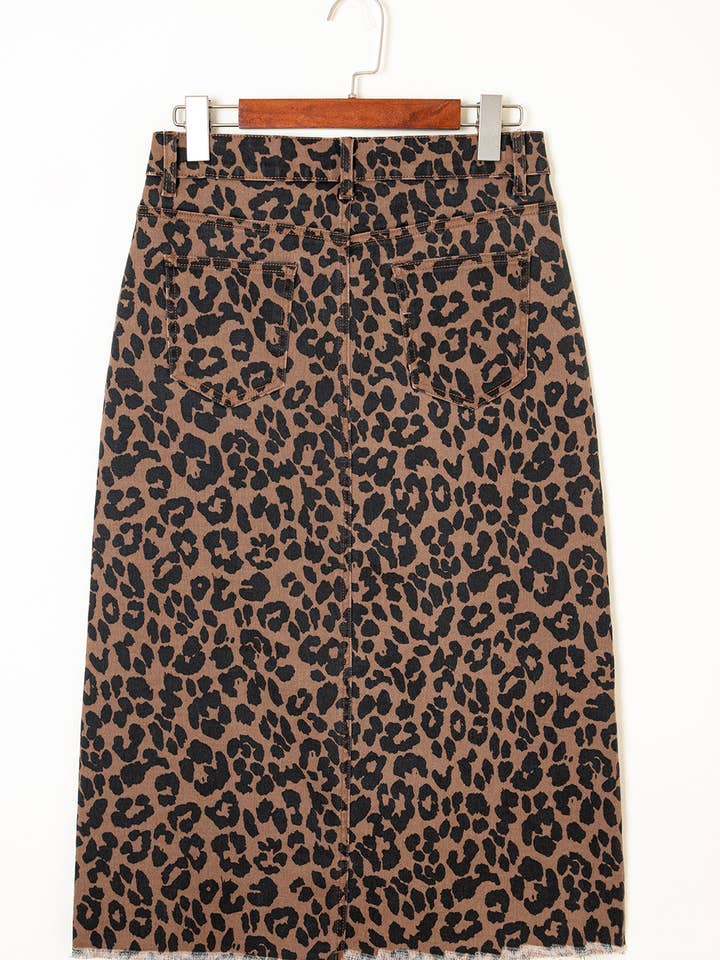 FULL TIME PURCHASE - Wholesale Skirt - Women's - Leopard Denim Frayed Split Denim Midi Skirt7