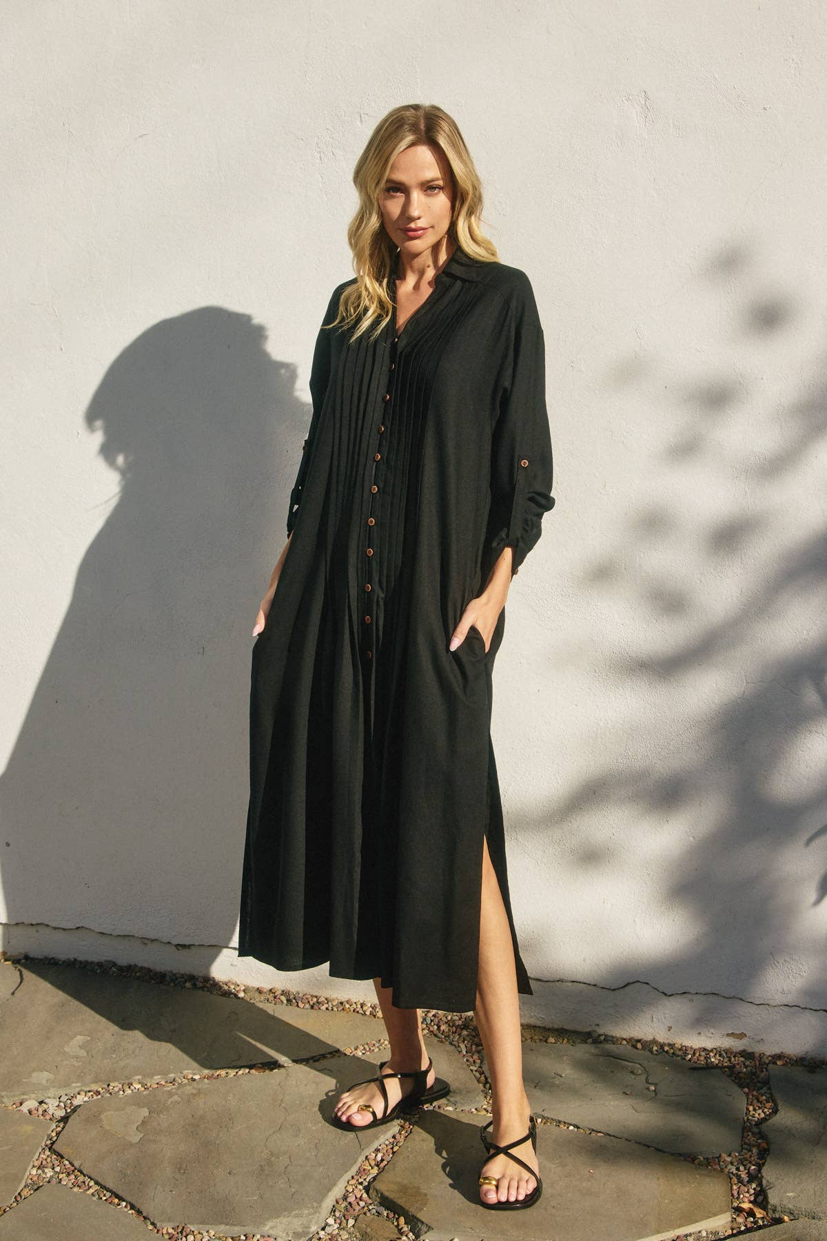 Dress Forum - Wholesale Dress - Women's - Cotton Linen Pleated Longline Shirt Dress (1)12