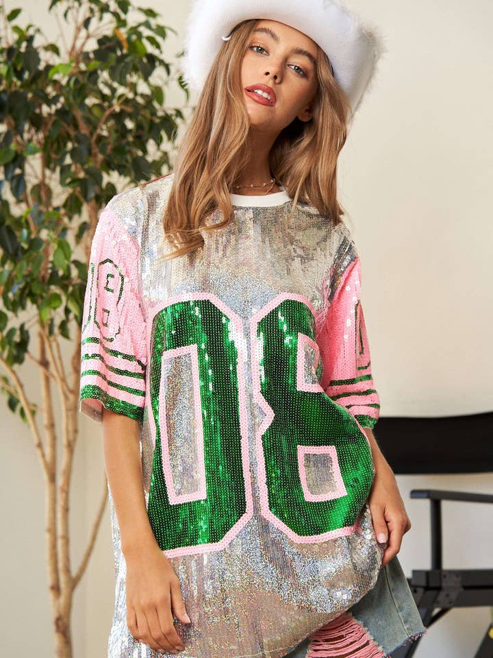 Game Day Sequin Jersey Top with Pink and Green Accents for wholesale on Faire4