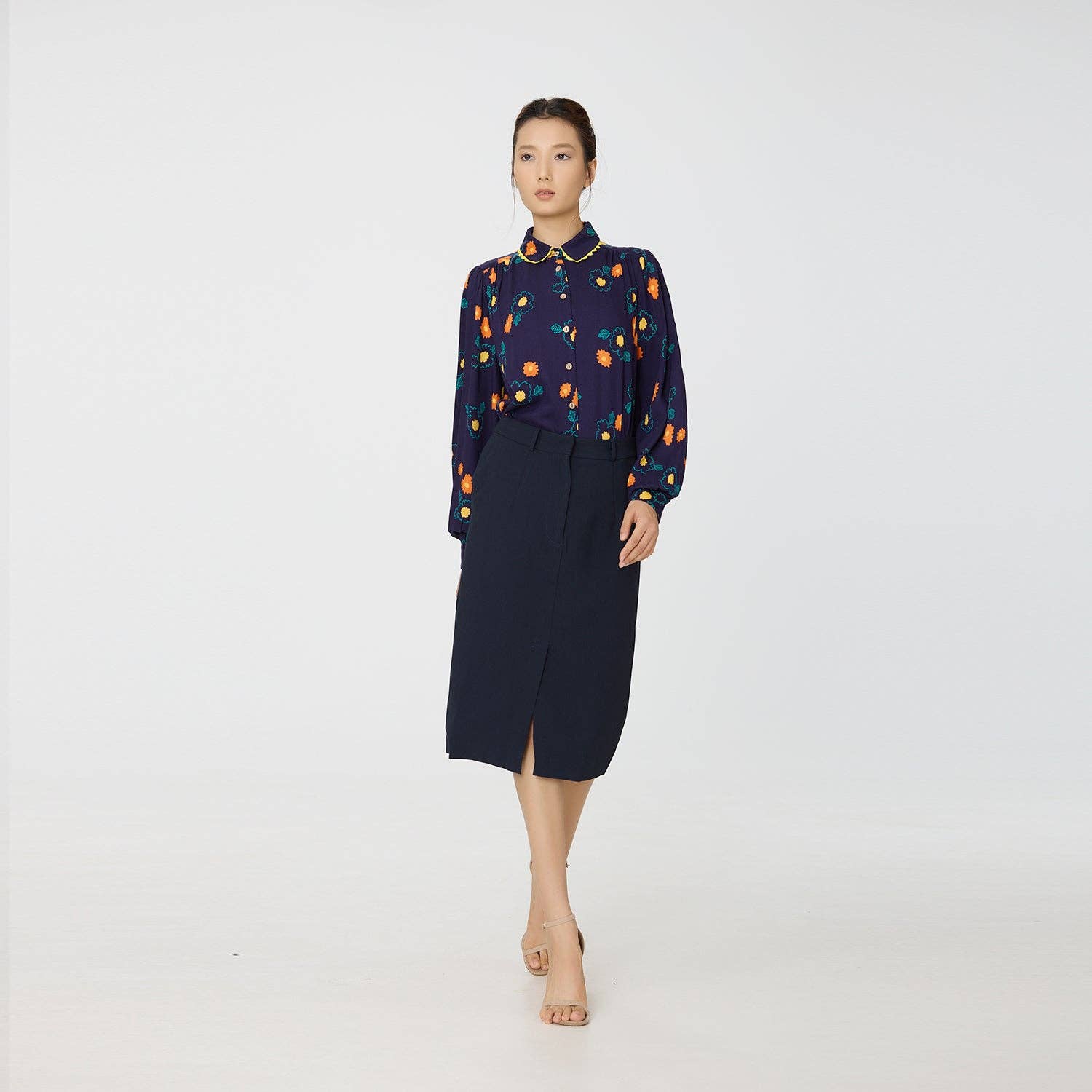 Navy Blue Abstract floral print shirt with contrasting trim for wholesale on Faire0
