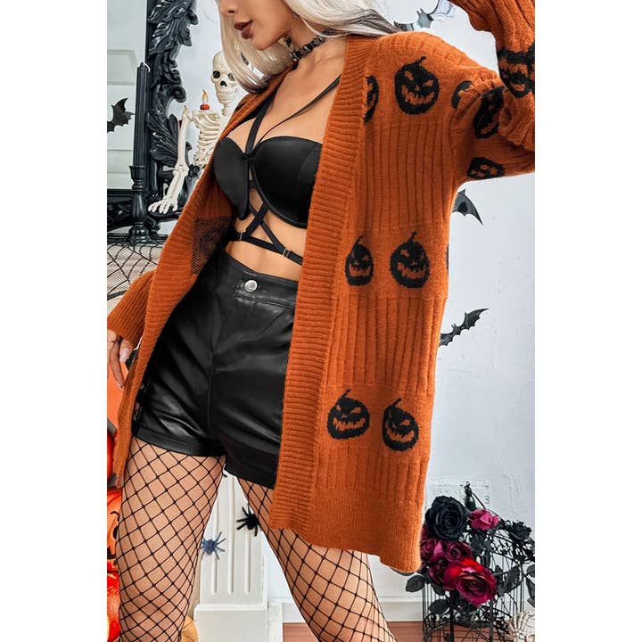 COFFEE Pumpkin Print Open Front Long Sleeve Cardigan for wholesale on Faire