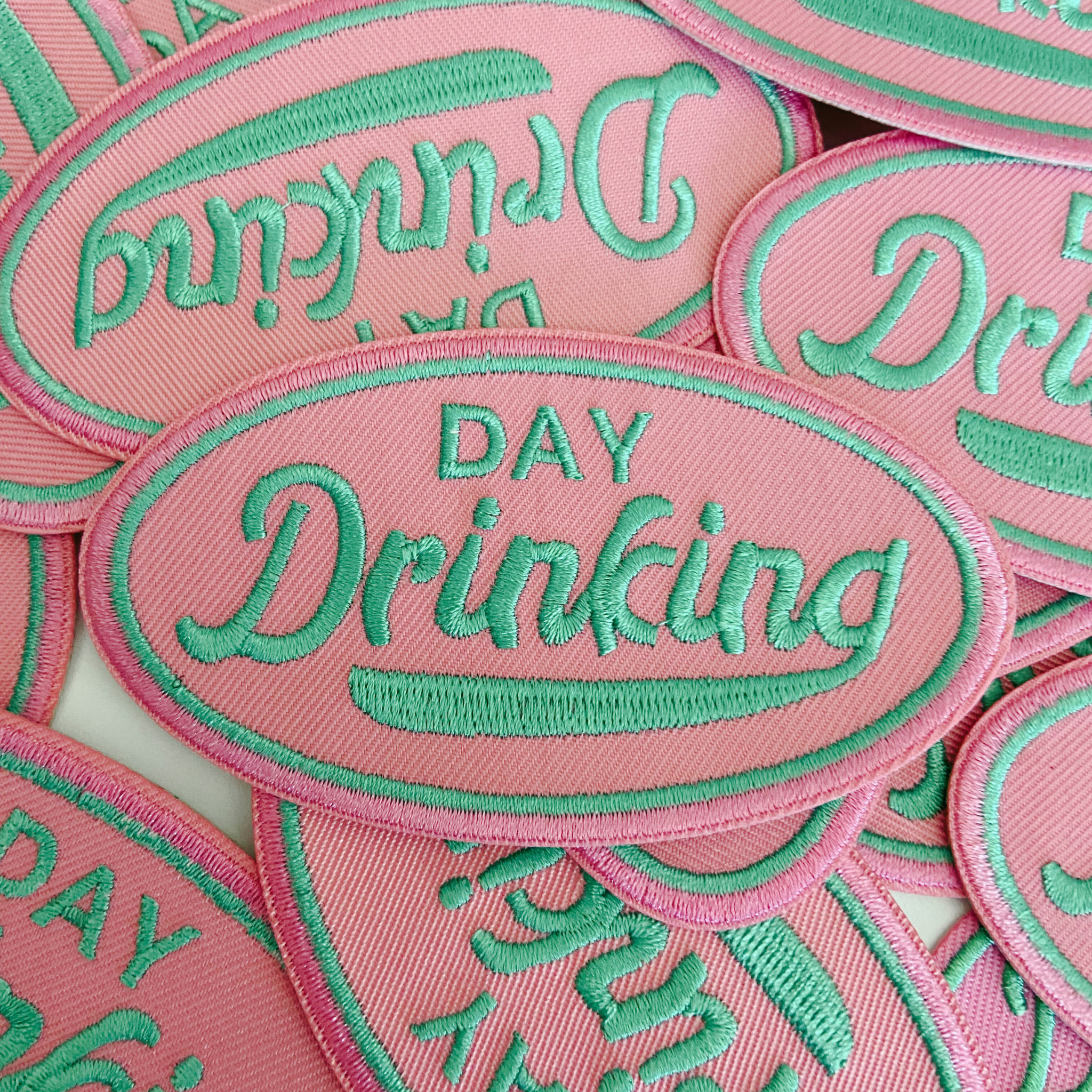 TEELUX - Wholesale Patch - 3.75" Day Drinking in Pink and Teal  -  Embroidered Hat Patch (Version 2)1