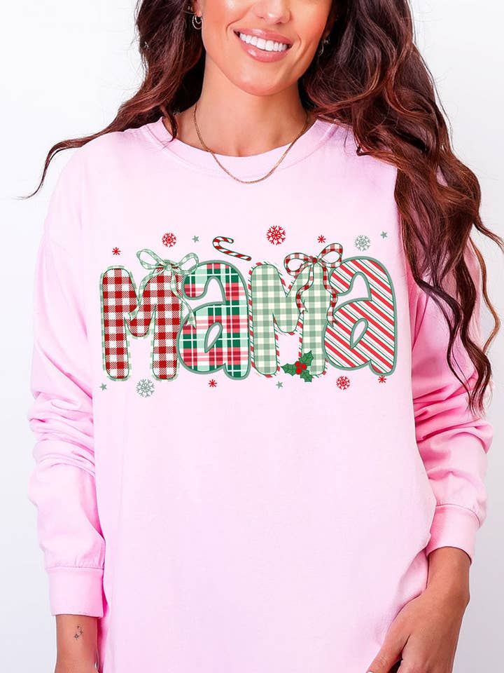 T-shirt à manches longues Candy Cane Lane Mama Comfort Colors Heavyweight pour la vente par Wholesale Accessory Market
