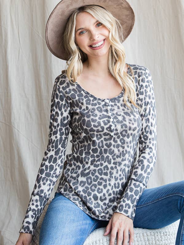 Casual Animal Print Button-Front Knit Top T4334 for wholesale by 7th Ray