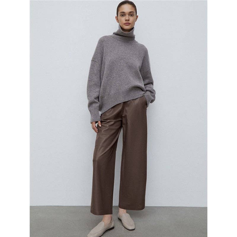 Brown High Waisted Solid Color Straight Leg Faux Leather Pants for wholesale on Faire4