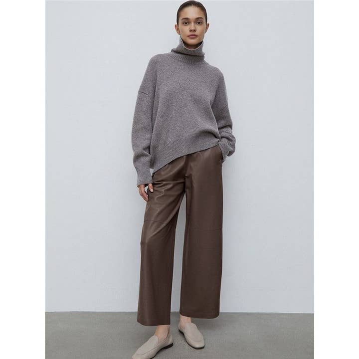 Brown High Waisted Solid Color Straight Leg Faux Leather Pants for wholesale on Faire4