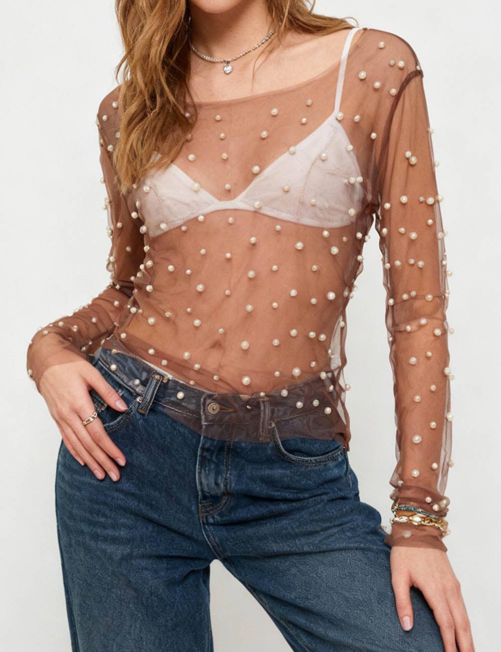 Sweetkama - Wholesale Blouse - Women's - Sparkle Pearl Studded Sheer Mesh See Through Top SKT210693