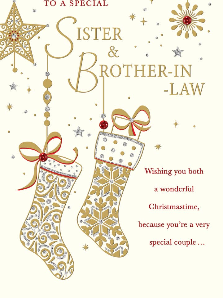 Christmas Card, Sister & Brother In Law, foil stockings for wholesale by Piccadilly Greetings