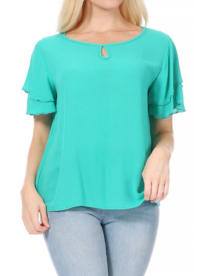 MOA COLLECTION - Wholesale Blouse - Women's - Casual Solid Flowy Short Flutter Sleeve Key Hole Blouse12